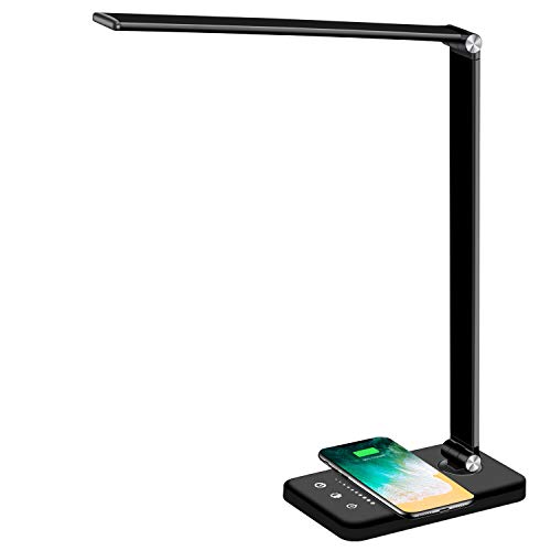 Multifunctional LED Desk Lamp with Wireless Charger, USB Charging Port, 5 Lighting Modes,5 Brightness Levels, Sensitive Control, 30/60 min Auto Timer, Eye-Caring Office Lamp with Adapter