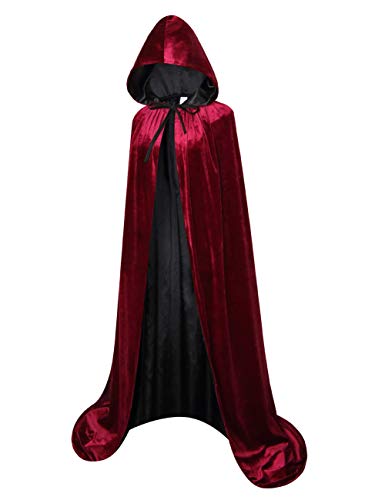 GRAJTCIN Halloween Velvet Cloak Lined with Satin Unisex Deluxe Renaissance Medieval Costume Hooded Cape(L, Wine-Black)