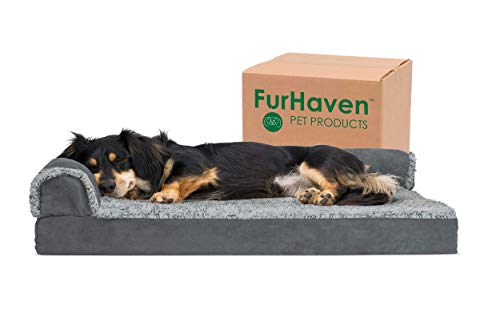 Furhaven Pet Dog Bed - Deluxe Orthopedic Two-Tone Plush and Suede L Shaped Chaise Lounge Living Room Corner Couch Pet Bed with Removable Cover for Dogs and Cats, Stone Gray, Medium
