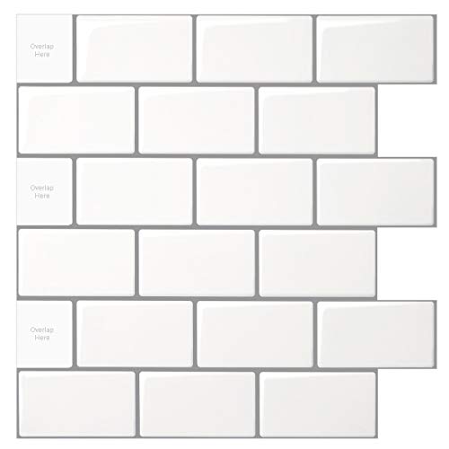 10-Sheet Peel and Stick Tile for Kitchen Backsplash, 12x12 inches White Subway Tile with Grey Grout