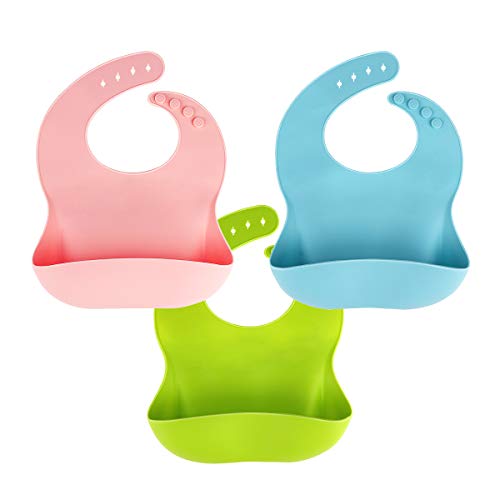 3 Pack Silicone Baby Bib for Babies & Toddlers (6-72 Months), Waterproof, BPA Free, Green Pink and Blue, Easy Wipe Clean