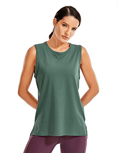 CRZ YOGA Women's Pima Cotton Workout Tank Tops Loose Fit Yoga Sleeveless Shirts Muscle Tank Graphite Green Large