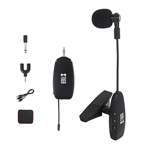 XTUGA UHF Wireless Instrument Condenser Microphone Clip Mic Gooseneck 130ft Stable Wireless Transmission 1/8＆1/4'' Port Great for Horns,Trumpets,Clarinets,Saxophones Cameras (KX621 Clip)