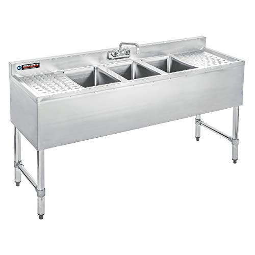 DuraSteel 3 Compartment Stainless Steel Bar Sink with 10' L x 14' W x 10” D Bowl - Underbar Basin - NSF Certified - Double Drainboard, Faucet Included (Restaurant, Kitchen, Hotel, Bar)