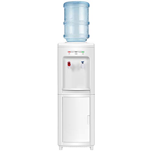COSTWAY Top Loading Water Cooler Dispenser for 3-5 Gallon Bottle, Hot and Cold Water Cooler Dispenser with Storage Cabinet, Child Safety Lock, Freestanding Water Cooler Dispenser with Compression Refrigeration Technology, White