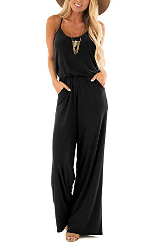 LACOZY Womens Casual Loose V Neck Sleeveless Spaghetti Strap Wide Leg Pants Jumpsuit Rompers Black Large