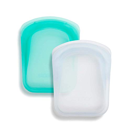 Stasher 100% Silicone Food Grade Reusable Storage Bags, Clear + Aqua (Pocket Size, 2 Set) | Plastic Free Bag | Cook, Store, or Freeze | Leakproof, Dishwasher-Safe, Eco-friendly, Non-Toxic | 4 Oz