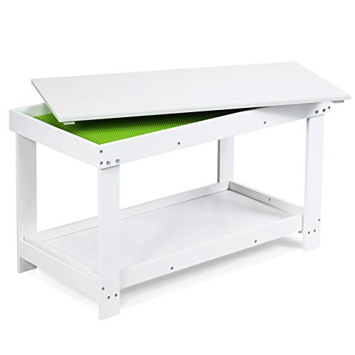 Costzon 2 in 1 Kids Activity Table w/Storage, Building Block Table w/Board for Bricks Crafts Arts Draw, Children Solid Wood Play Table Desk for Playroom, Preschool Toddler Boys & Girls Gift (White)