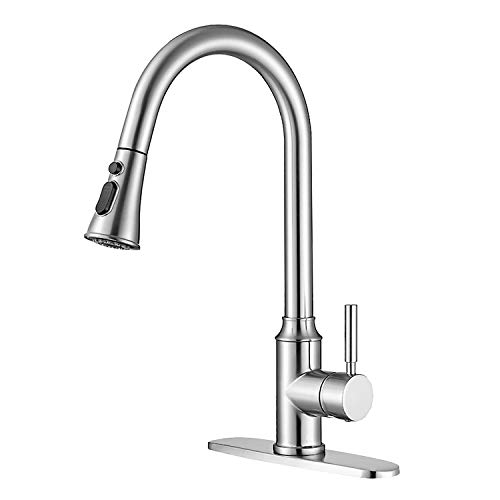 Ceavmlsr Brushed Nickel Kitchen Faucets with Pull Down Sprayer, Single Handle High Arc Pull Out Stainless Steel Kitchen Sink Faucet, Hot & Cold Mixer Kitchen Taps with Deck Plate for 1 or 3 Hole