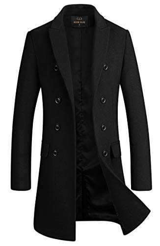 Men's Premium Wool Blend Double Breasted Long Pea Coat (Black, Medium)