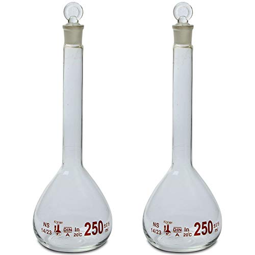 250ml Volumetric Flask, 3.3 Boro Glass, Class A, Ground Stopper, Karter Scientific 213W6 (Pack of 2)