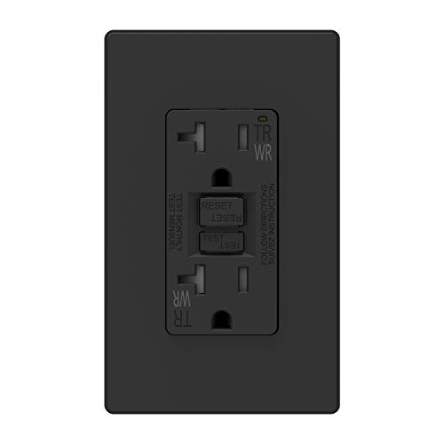 ELEGRP 20 Amp GFCI Outlet, 5-20R GFI Dual Receptacle, TR Tamper Resistant and WR Weather Resistant, Self-Test Ground Fault Circuit Interrupters, Wall Plate Included, UL Listed (1 Pack, Matte Black)