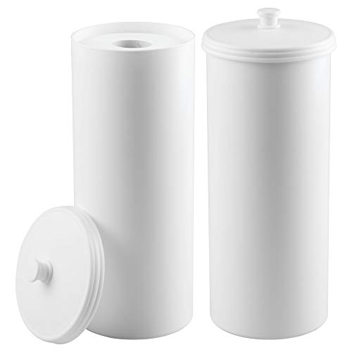 mDesign Plastic Free Standing Toilet Paper Holder Canister - Storage for 3 Extra Rolls of Toilet Tissue - for Bathroom/Powder Room - Holds Mega Rolls - 2 Pack - White