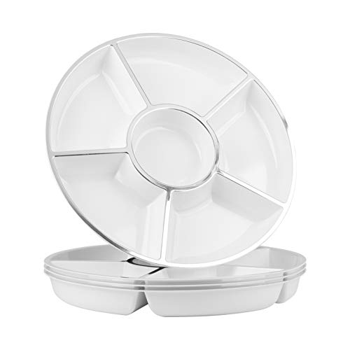 Party Bargains 6 Sectional Round Plastic Serving Tray, Size: 12 inch, Color: White/Silver, Pack of 4