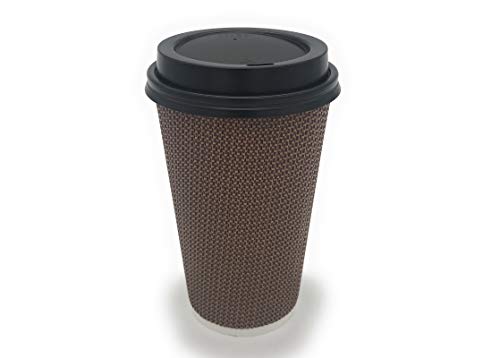 [340 SETS] 16 oz Disposable Double Walled Hot Cups with Lids - No Sleeves Needed Premium Insulated Ripple Wall Hot Coffee Tea Chocolate Drinks Perfect Travel to Go Paper Cup and lid Brown Geometric