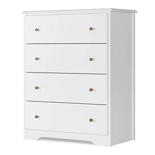 HOMECHO Dresser with 4 Drawers, Modern Chest of Drawers White, Dresser Chest with Wide Storage Space, Functional Organizer with Solid Wood Frame for Bedroom, Living Room, Closet, Entryway, Hallway