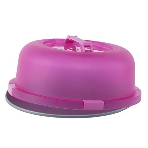 OvenStuff 12” Cake and Pastry Carrier – Portable Cake Tray with Locking Pink Cover and Handles, Comes With Non-Stick Base That Doubles as a Pizza Pan