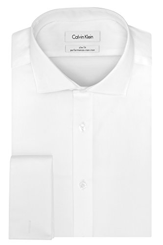 Calvin Klein Men's Dress Shirt Slim Fit Non Iron Solid French Cuff, White, 16' Neck 32'-33' Sleeve (Large)