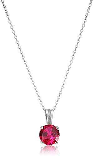 Amazon Essentials Sterling Silver Round Cut Created Ruby Birthstone Pendant Necklace (July), 18'