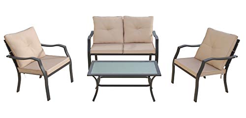 Kullavik 4-Piece Patio Furniture Set Outdoor Conversation Set Steel Frame Sectional Chat Sofa with 4 Seats, 4 Cushions & 1 Tempered Glass Coffee Table, Sand