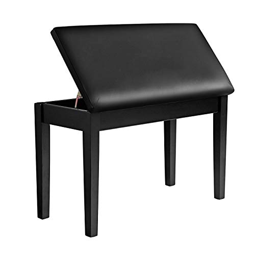 GOFLAME Piano Bench Wooden Duet, Heavy-Duty Piano Stool with Padded Cushion and Hidden Music Storage, Comfortable PU Leather Seat with Locking Hinge, Perfect for Home & Professional Use (Black)