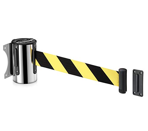 New Star Foodservice 1028850 16 Foot Stainless Steel Fixed Wall Mount Retractable Belt Barrier, Black and Yellow Safety Belt