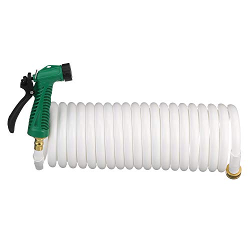 SEACHOICE 79691 Coiled Washdown Hose with Sprayer and Brass Fittings 25’ White, One Size