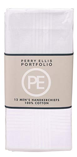Perry Ellis 12 Pack Handkerchief (100% Cotton White with Satin Border, 16' x 16')
