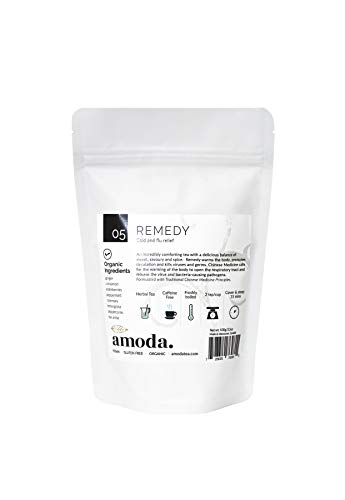Amoda - Organic Remedy Herbal Tea for cold season sniffles. A truly delicious and effective loose leaf tea for relieving cold symptoms. Throat coat tea & tea for colds 3.5oz - 30 servings per pouch.