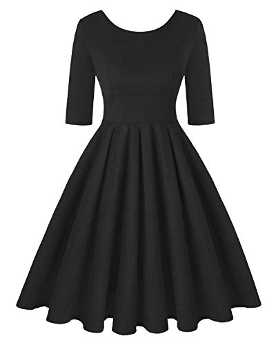 Women's 1950s Halloween Retro Dress Vintage A-Line Short Sleeves Cocktail Swing Party Dress (Plain Black,Size XXL)