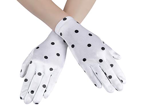BABEYOND Short Opera Satin Gloves Wedding Evening Gloves with Dots Special Occasion Gloves Wrist Length Tea Party Stretchy Gloves (White)
