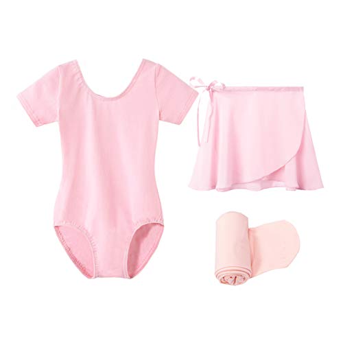 STELLE Short Sleeve Ballet Leotard Combo with Dance Skirt and Dance Tight (Ballet Pink, 90)