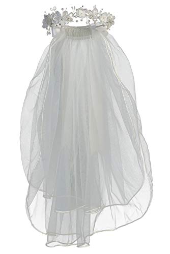 Swea Pea & Lili 24' White Veil w/Organza & Crystal Flowers w/Satin Bows At The Back,Medium