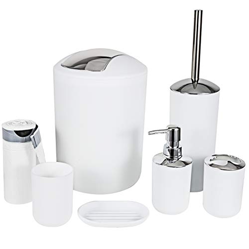 MIKOSI 6 Piece Bathroom Accessories Sets,Bathroom Set 6 Pieces Plastic Lotion Dispenser,Toothbrush Holder,Bathroom Tumblers,Soap Dish,Trash Can,Toilet Brush Set with Drawstring Trash Bags (White)
