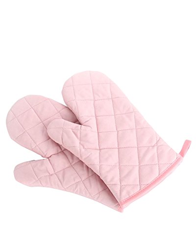 Oven Mitts, Premium Heat Resistant Kitchen Gloves Cotton & Polyester Quilted Oversized Mittens, 1 Pair Pink