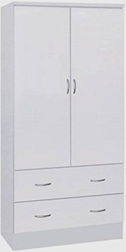 Hodedah Two Door Wardrobe, with Two Drawers, and Hanging Rod, White