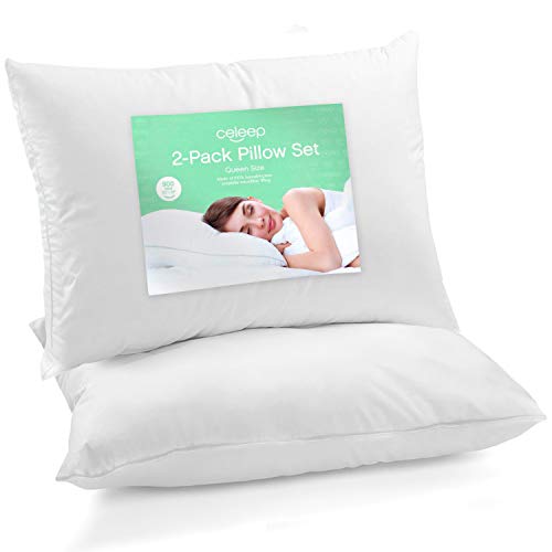 Celeep Queen Bed Pillows (2-Pack) - Premium Sleeping Pillows - Soft Sand Washed Cover - Hypoallergenic Microfiber Filling