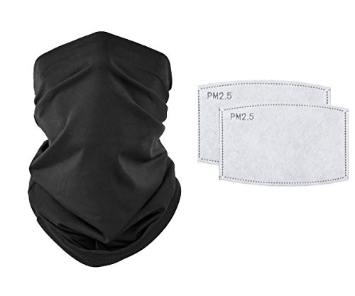 Bandana for Men Women Neck Gaiters with 2pcs Filters for Dust Headwear Seamless Neck Gaiter, Headwrap, Balaclava, Helmet Liner for Protection Black