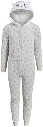 Rene Rofe Girl's Onesie Pajamas with Character Hood, Size Large/(10-12), Grey Cat Hearts