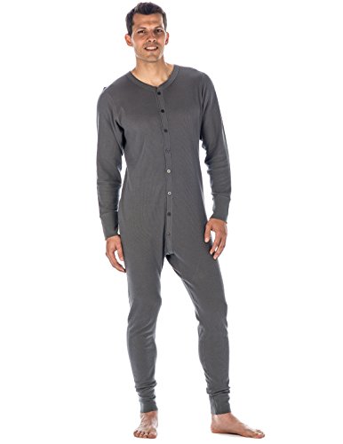 Mens Union Suit - Waffle Knit Thermal Mens Onesie Pajamas - Charcoal - Medium