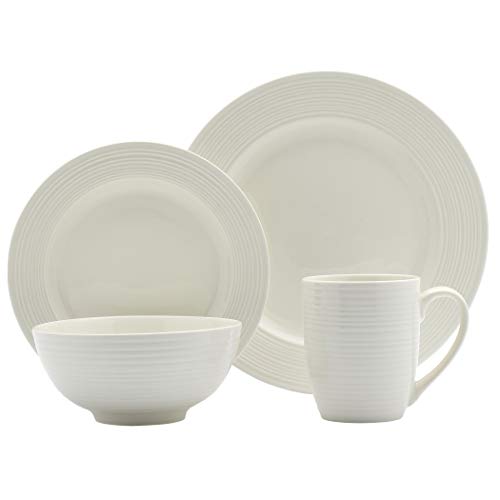 Tabletops Gallery Embossed Bone White Porcelain Round Dinnerware Collection- Chip Resistant Scratch Resistant, Contempo 16 Piece Dinnerware Set (Dinner Plate, Salad Plate, Cereal Bowl, Mug)