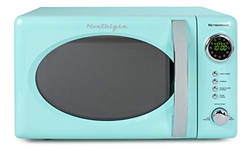 Nostalgia RMO7AQ Retro 0.7 cu ft 700-Watt Countertop Microwave Oven, 12 Pre Programmed Cooking Settings, Digital Clock, Easy Clean Interior, Aqua