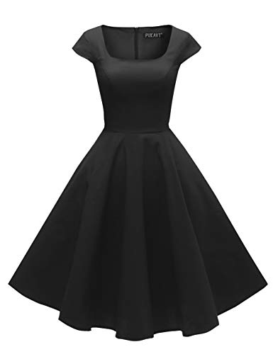 PUKAVT Women's Cocktail Party Dress Cap Sleeve 1950 Retro Swing Dress with Pockets Black L