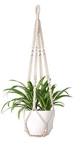 Mkono Macrame Plant Hangers Indoor Hanging Planter Basket with Wood Beads Decorative Flower Pot Holder No Tassels for Indoor Outdoor Home Decor 35 Inch, Ivory