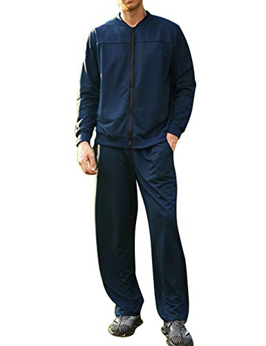COOFANDY Men Athletic Sports Set Warm Fleece Tracksuit with Zip Up Jacket and Jog Pants Navy Blue
