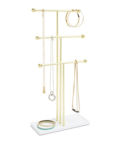 Umbra Trigem Hanging Organizer – 3 Tier Table Top Necklace Holder, Box Display with Jewelry Tray Base, Brass/White