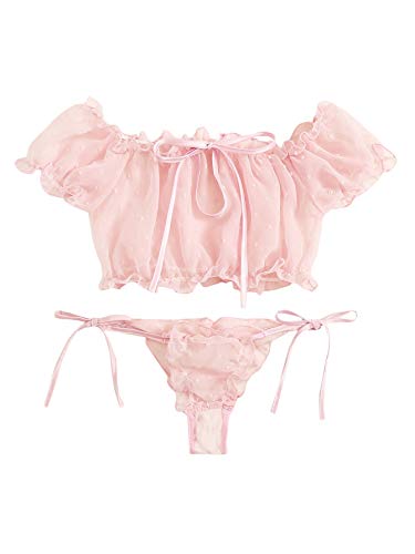 SheIn Women's Self Tie Ruffle Trim Dobby Mesh Lingerie Set Sexy Bra and Panty Small Pink