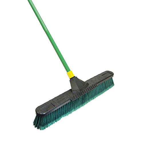 Quickie Bulldozer 24-Inch Multi-Surface Push Broom, Size: 60 Wood Handle with Swivel Hang-up Feature. 15/16-inch Diameter Handle, Green - with Scraper