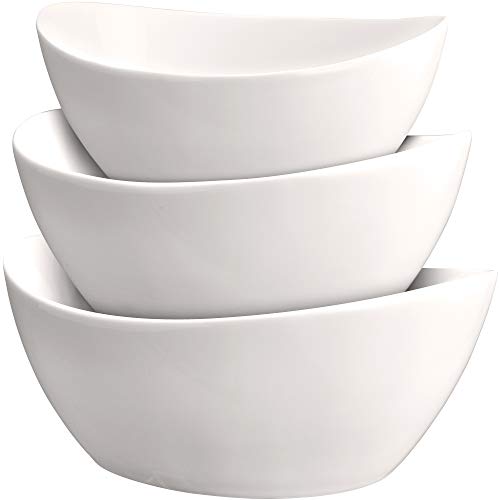 3 Piece Serving Bowl Set – Elegant White Porcelain Salad Bowls for Fruit, Salad, Pasta and Soup - Food Server Display Dishes for Party or Display - 24 oz. 34 oz. and 44 oz. - by DécorDine