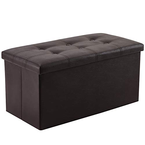 YOUDENOVA 30 inches Folding Storage Ottoman, 80L Storage Bench for Bedroom and Hallway, Faux Leather Brown Footrest with Foam Padded Seat, Support 350lbs